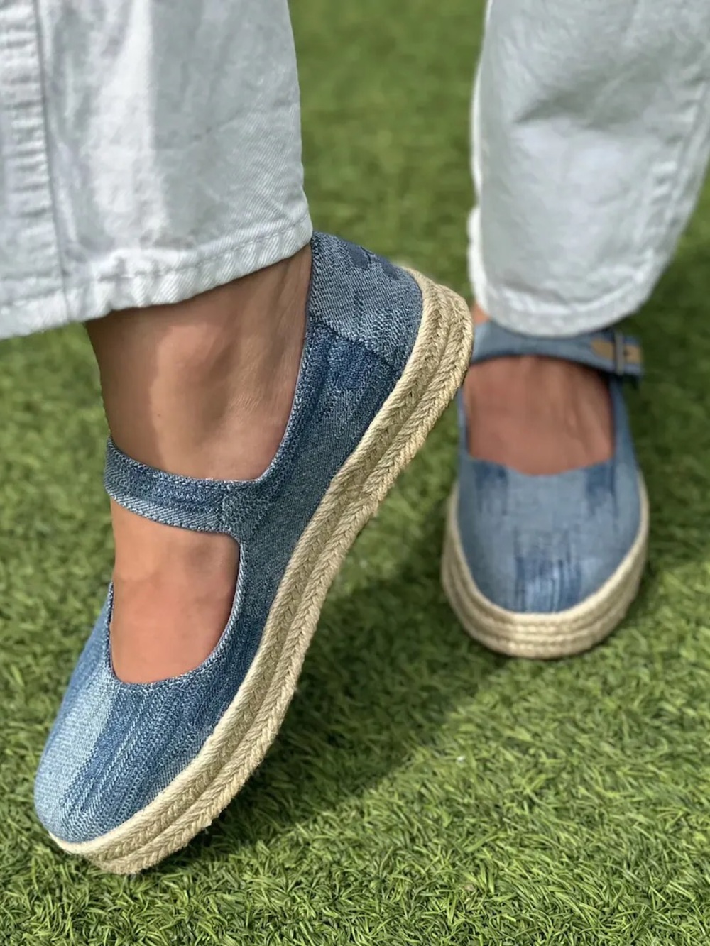 Toms Light Blue Denim Mary Jane Espadrille Platform Shoes - Picture 6 of 6